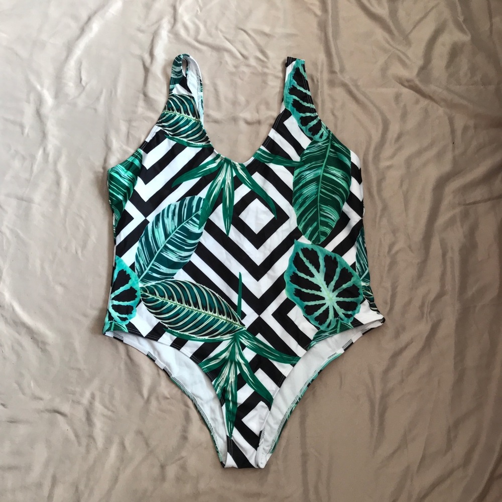 Tropical palm chevron print swimsuit
